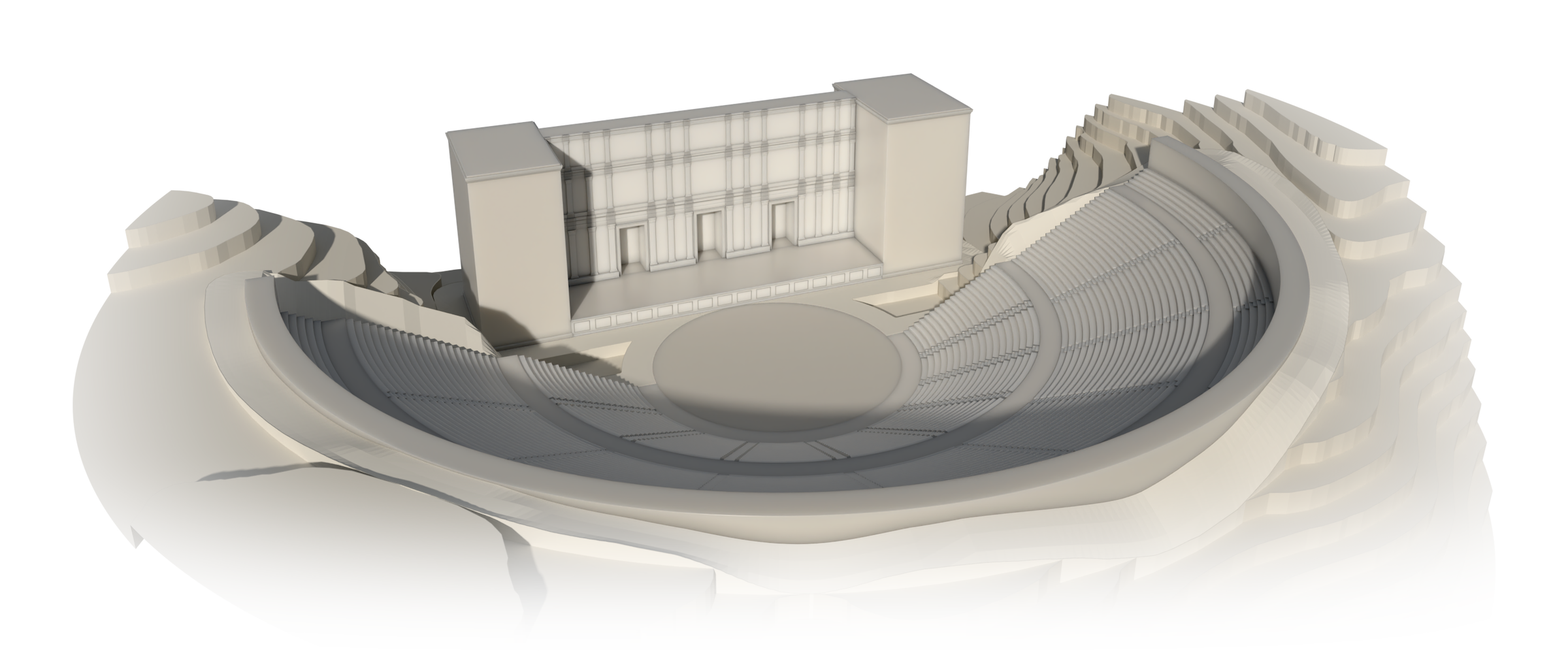 Roman reconstruction hypothesis (A). Overview presentation of the theatre and layered terrain.