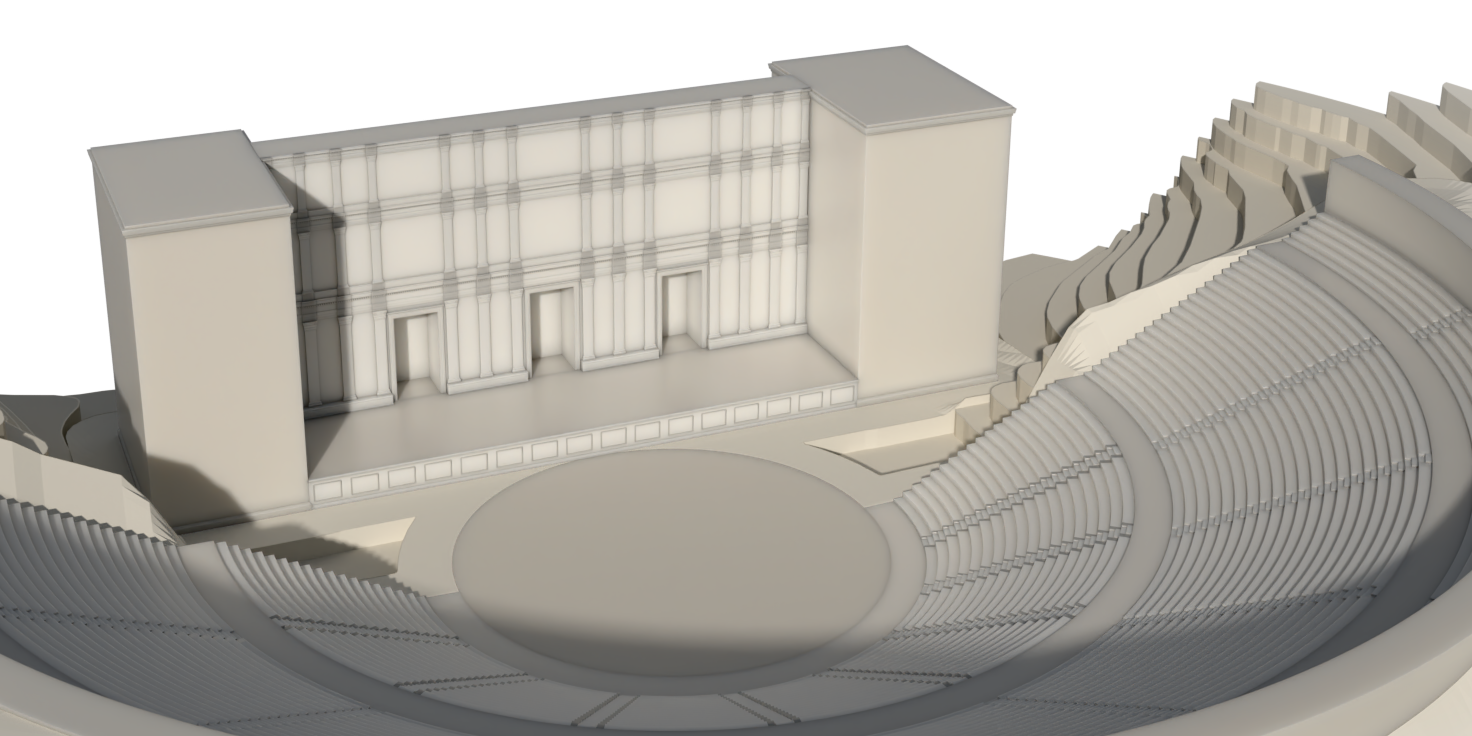 Roman reconstruction hypothesis (A). Matched detail of the stage wall and towers.
